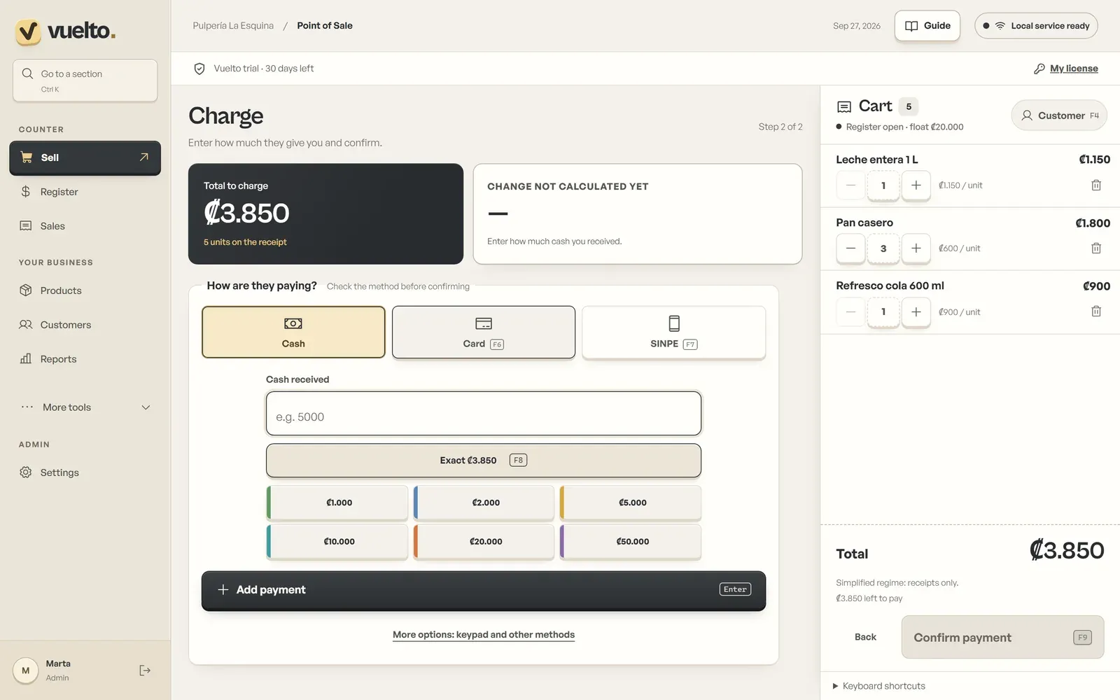 Checkout screen with a ₡3,850 total and ₡5,000 received in cash