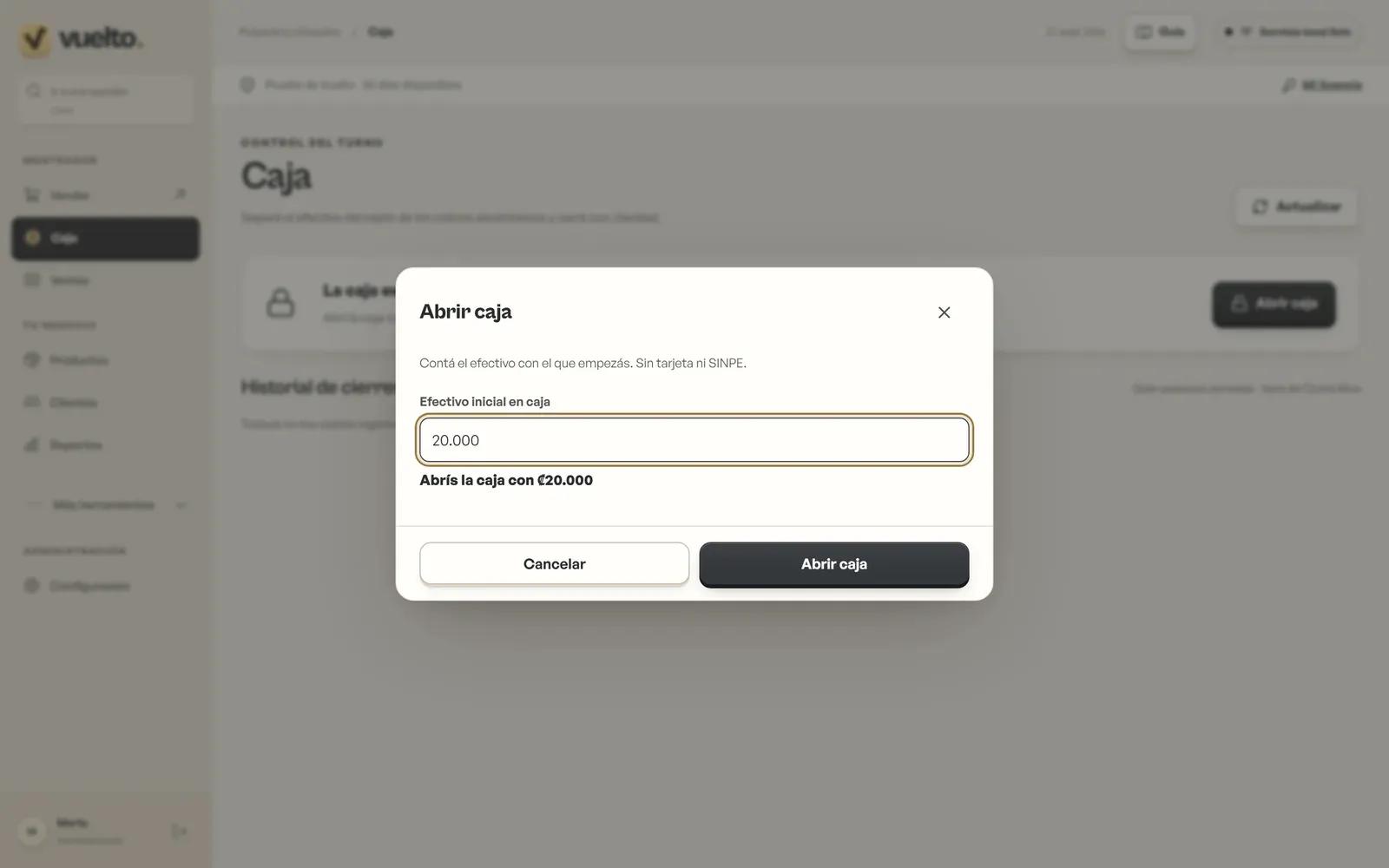 Diálogo Abrir caja con ₡20.000 de efectivo inicial